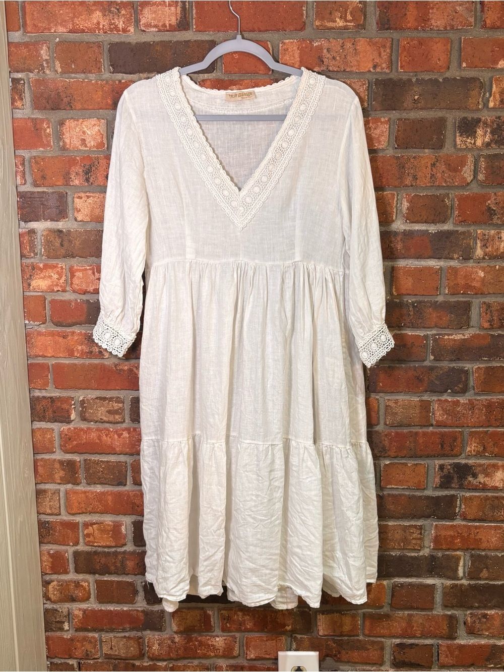Talia Benson womens italian linen tiered crochet trim midi dress white S